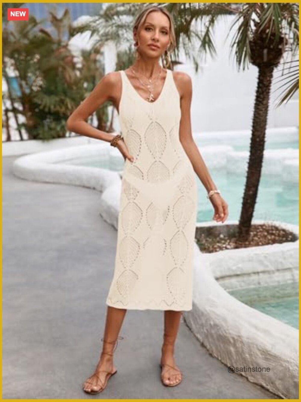 Crochet Knit Swimsuit Cover Up Midi Dress with Side Slit - Picture 4 of 7